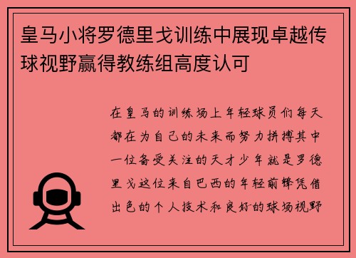 皇马小将罗德里戈训练中展现卓越传球视野赢得教练组高度认可